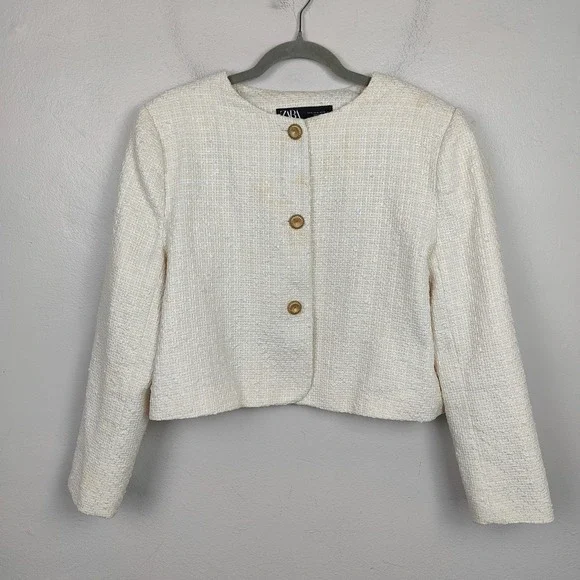 Zara Textured Jacket Womens XL Cream‎ Gold Button Preppy Classic Tweed Holiday - Picture 2 of 9